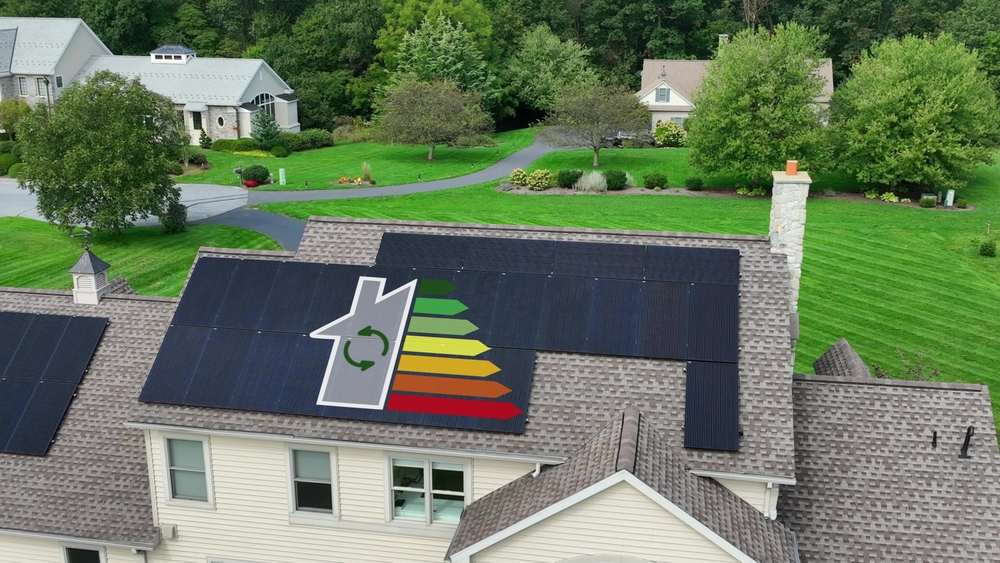 Moderne Solarpanels auf einem Hausdach mit Symbol für Energieeffizienz – wichtiger Trend im Immobilienmarkt in München